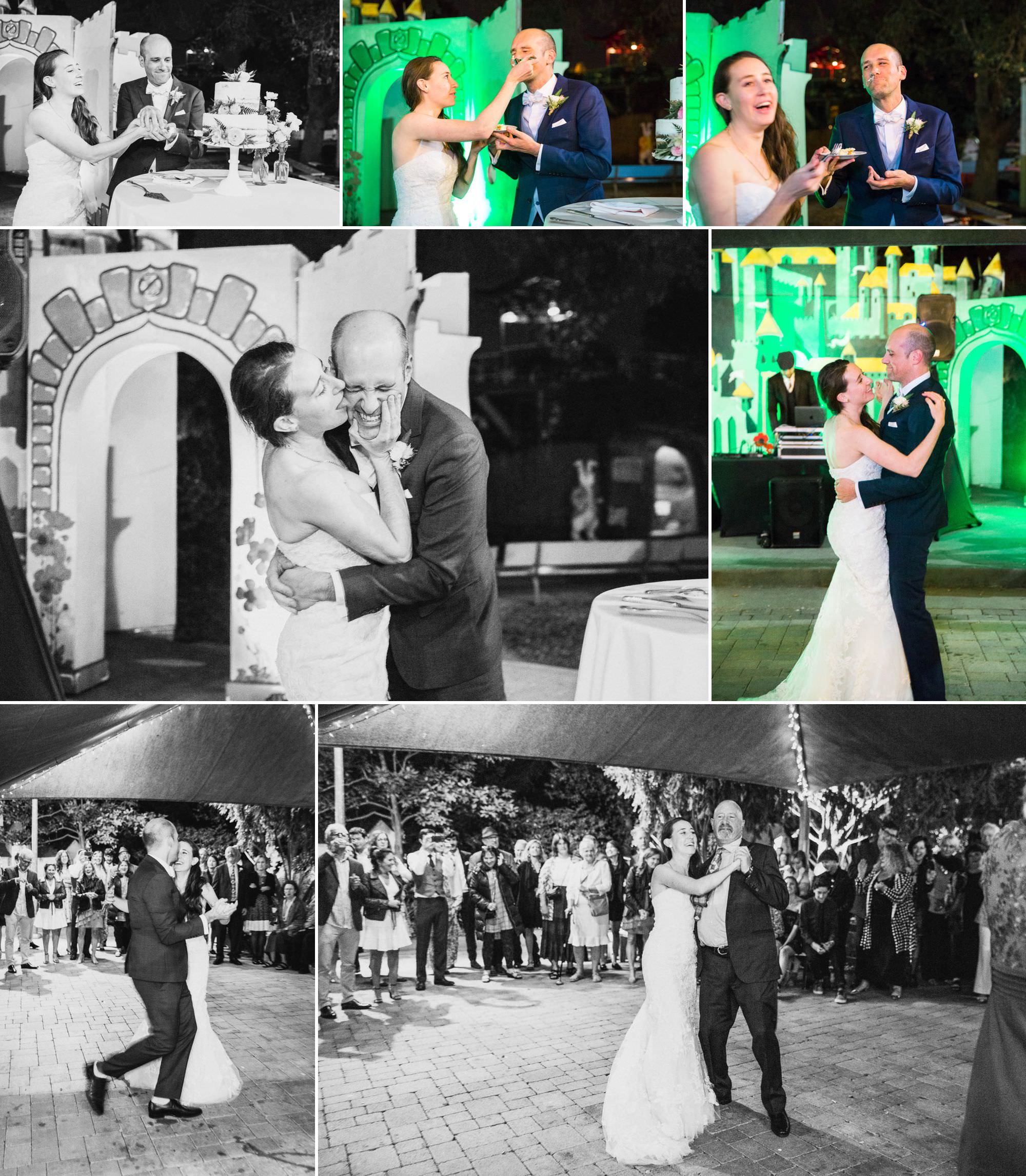 bride and groom cut cake and share first dance