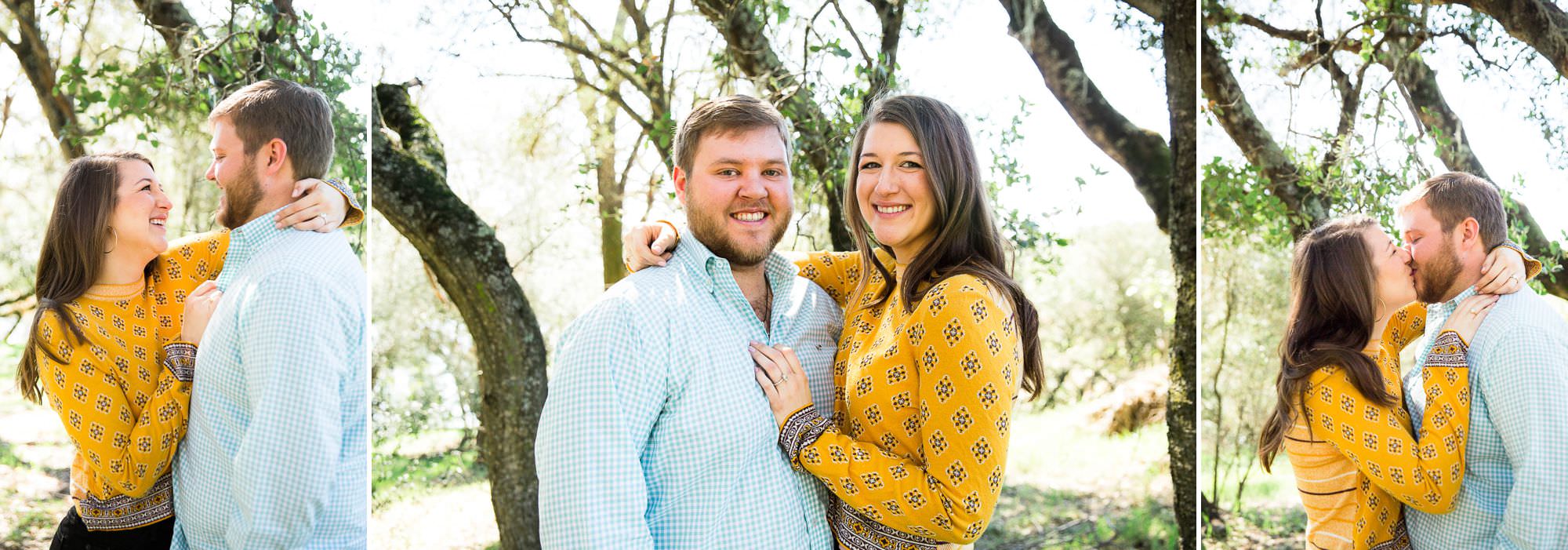 a couple poses together under California Oak trees. 