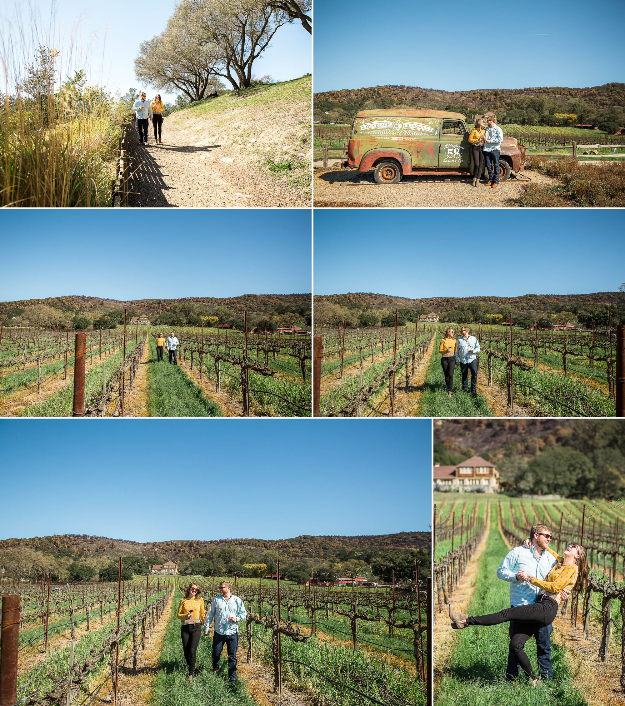 a couple walks though the vineyard together, hand in hand