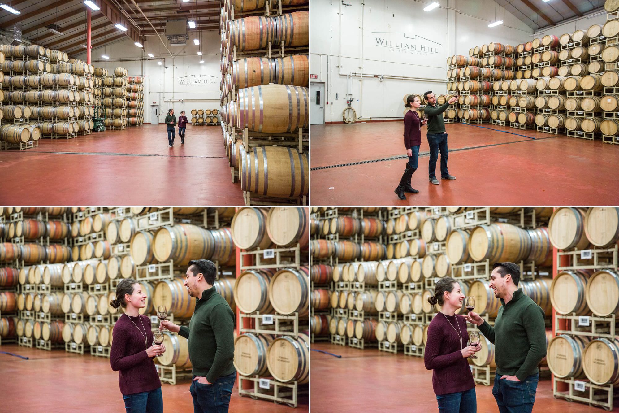 boyfriend and girlfriend tour the wine cellar of William Hill Estates