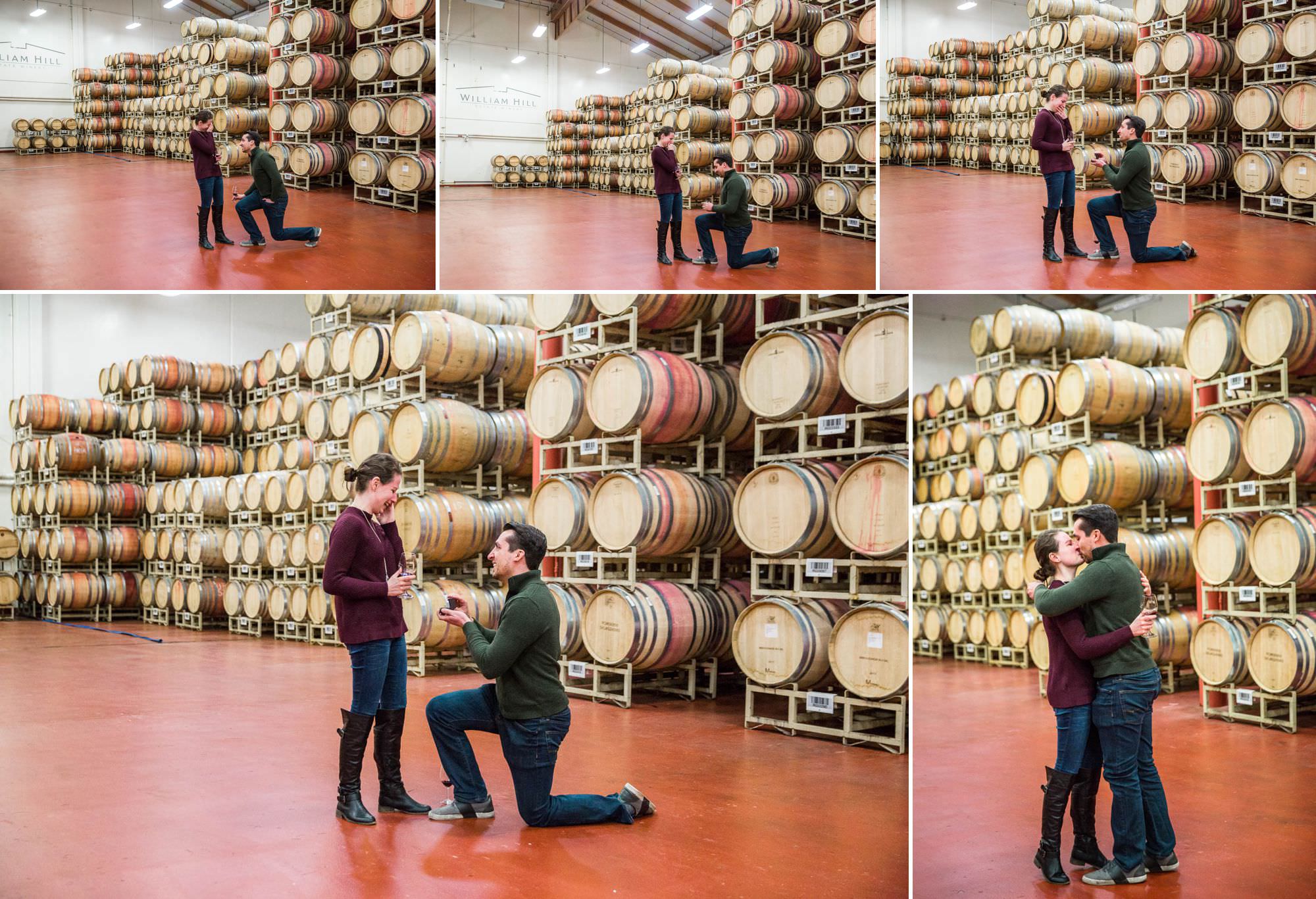 A man proposes to his girlfriend in the wine cellar of William Hill Estate Winery