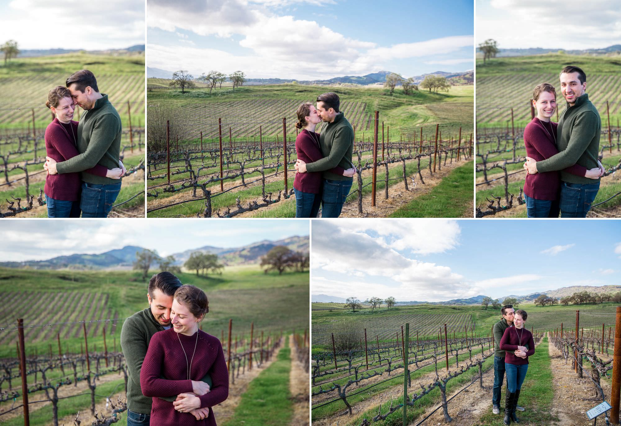 The newly engaged couple share a romantic moment in the vineyard