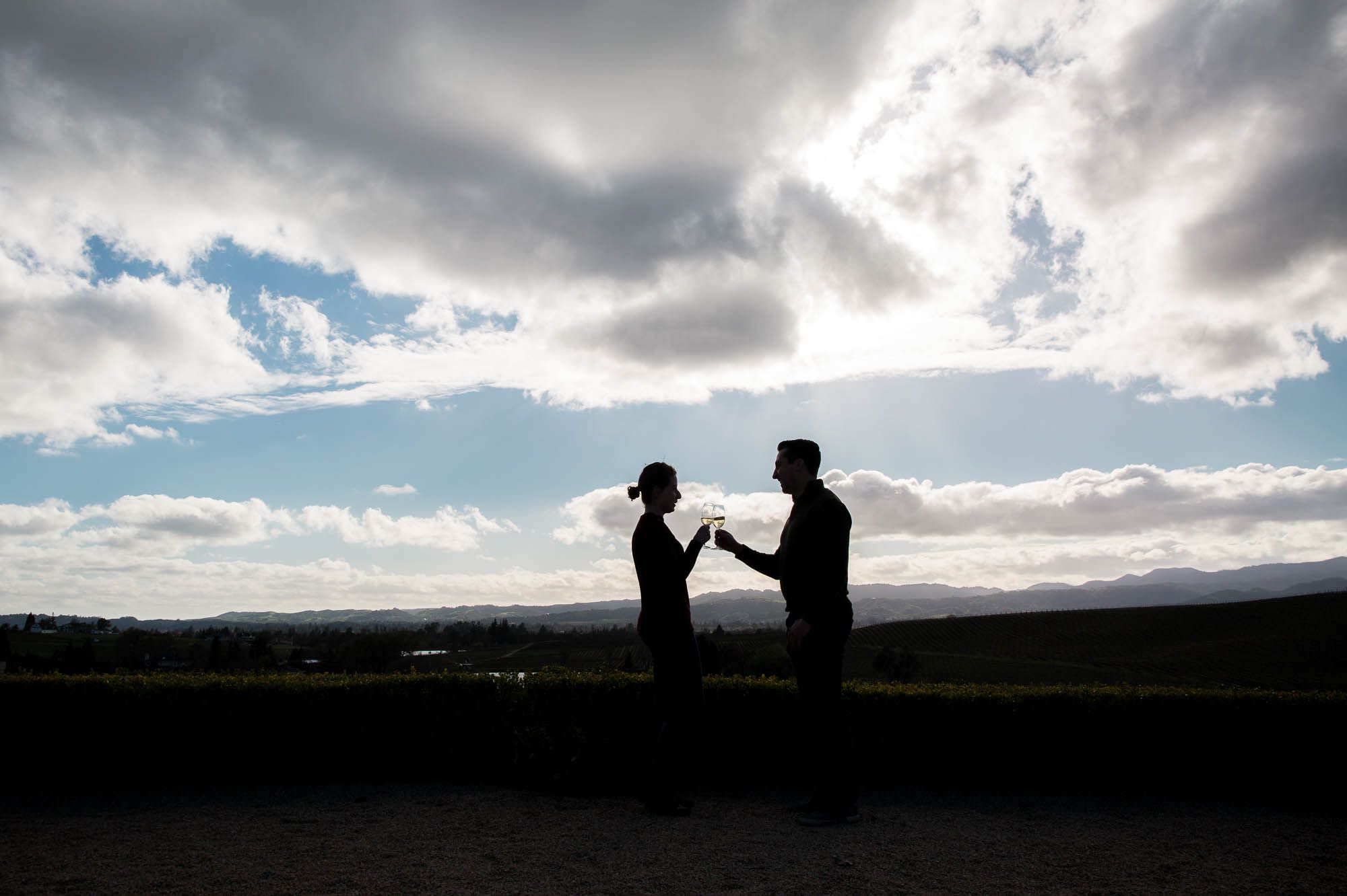 silhouette of a man and woman clinking wine glasses with dramatic clouds